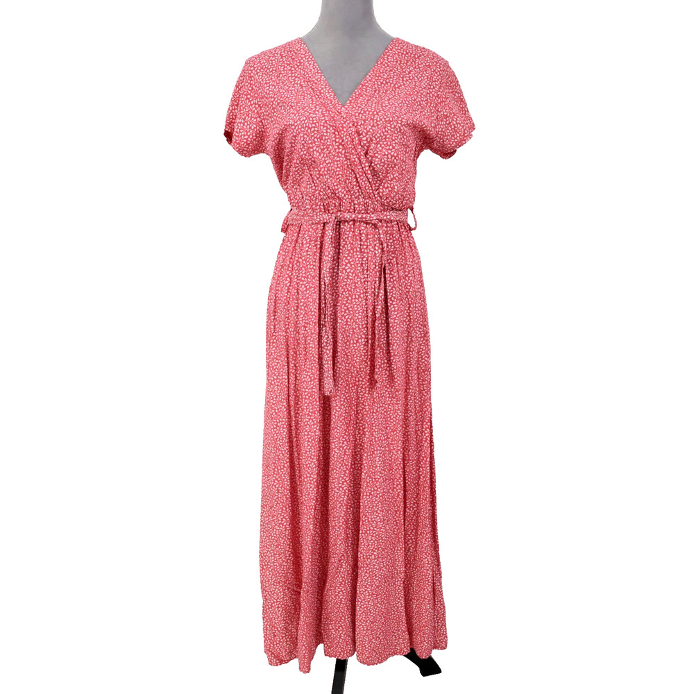 JB Fashion Dress Womens Small Pink Ditzy Floral Belted Maxi Italy Faux Wrap New